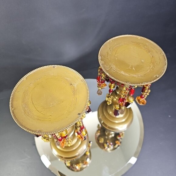 Vintage Samaco Candle Holders Pillar With Beaded Dangles 9.5in Tall 4.5in Wide - Picture 8 of 12